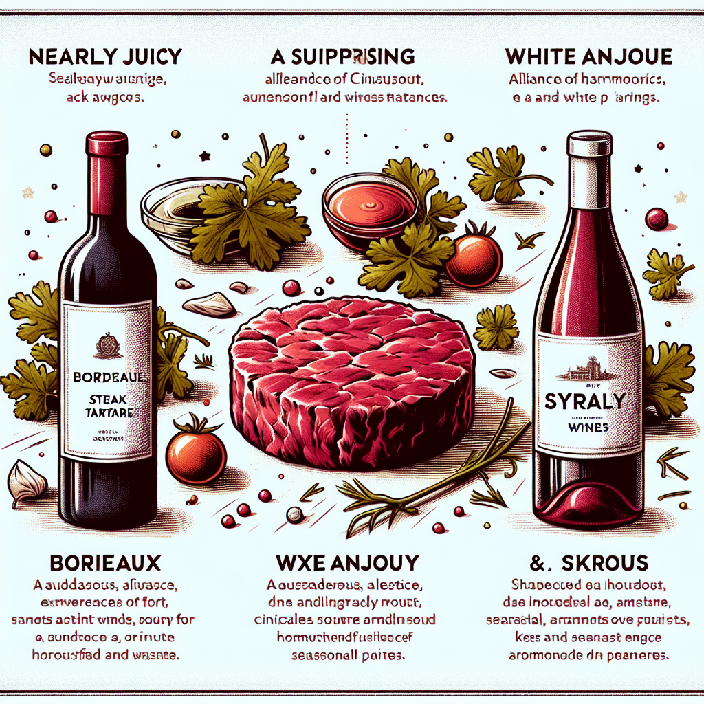 Viniou : Accorder un vin et un steak tartare ? Pas de panique ! Optez pour un bordeaux presque gouleyant, un anjou blanc pour surprendre, ou un alliance audacieuse de cinsault et syrah.